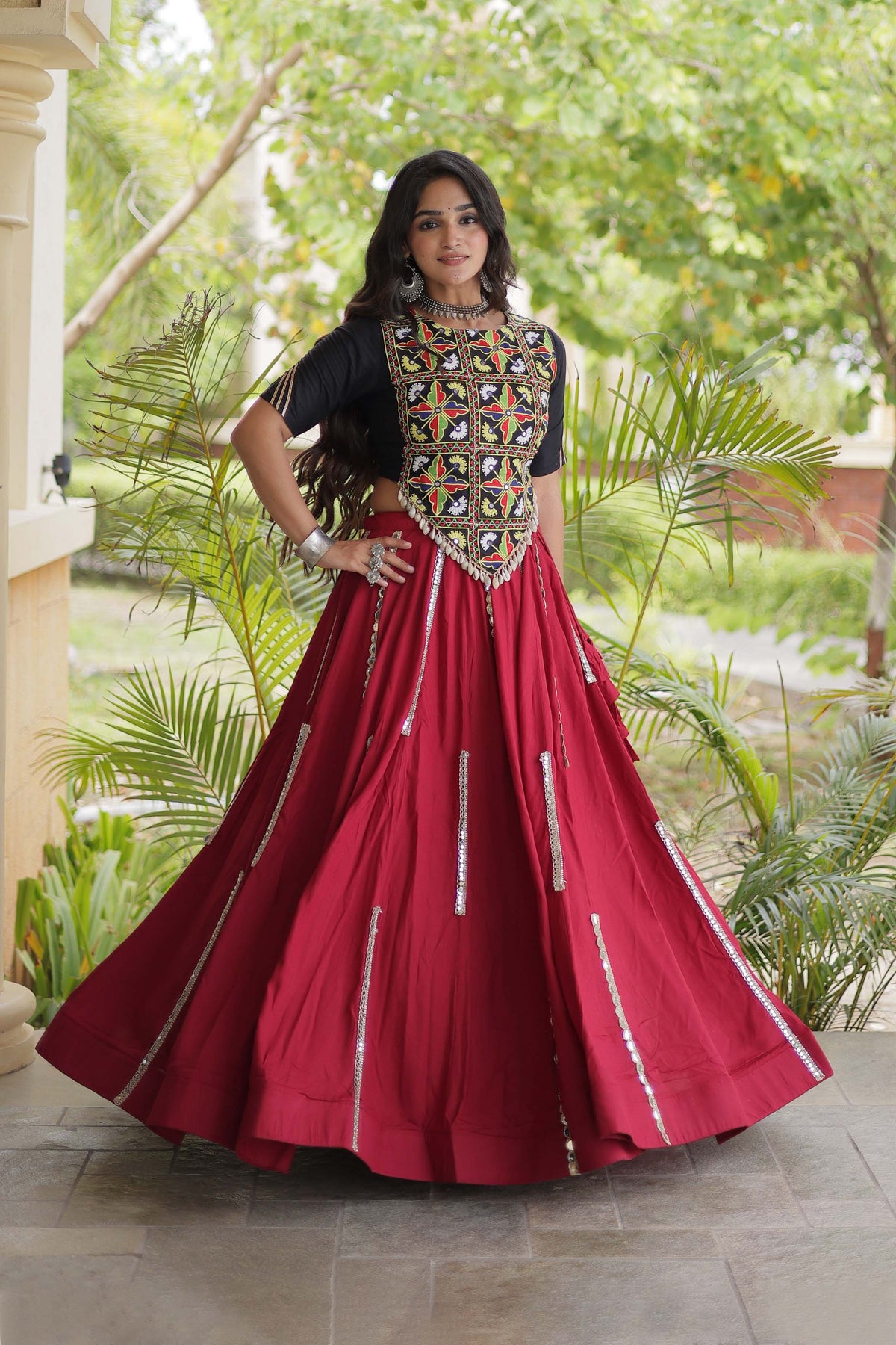 Nitara Kutchi Black Maroon Rayon Lehenga Set