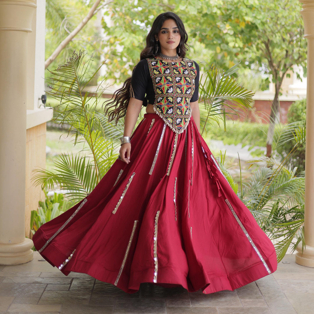 Nitara Kutchi Black Maroon Rayon Lehenga Set