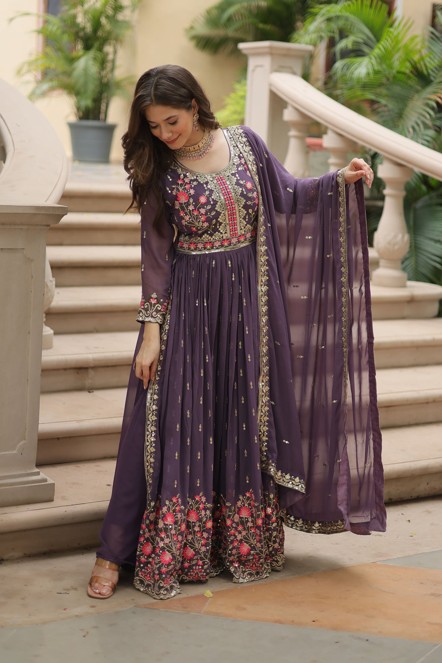 Naazleen Purple Faux Georgette Embroidered Suit Set