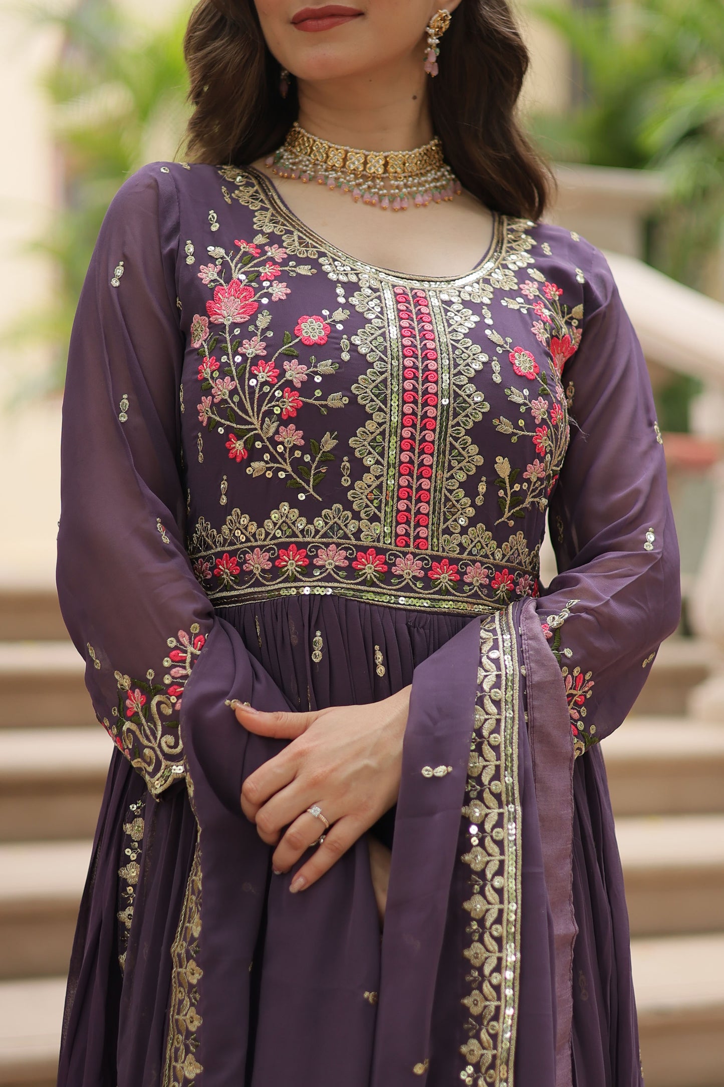 Naazleen Purple Faux Georgette Embroidered Suit Set