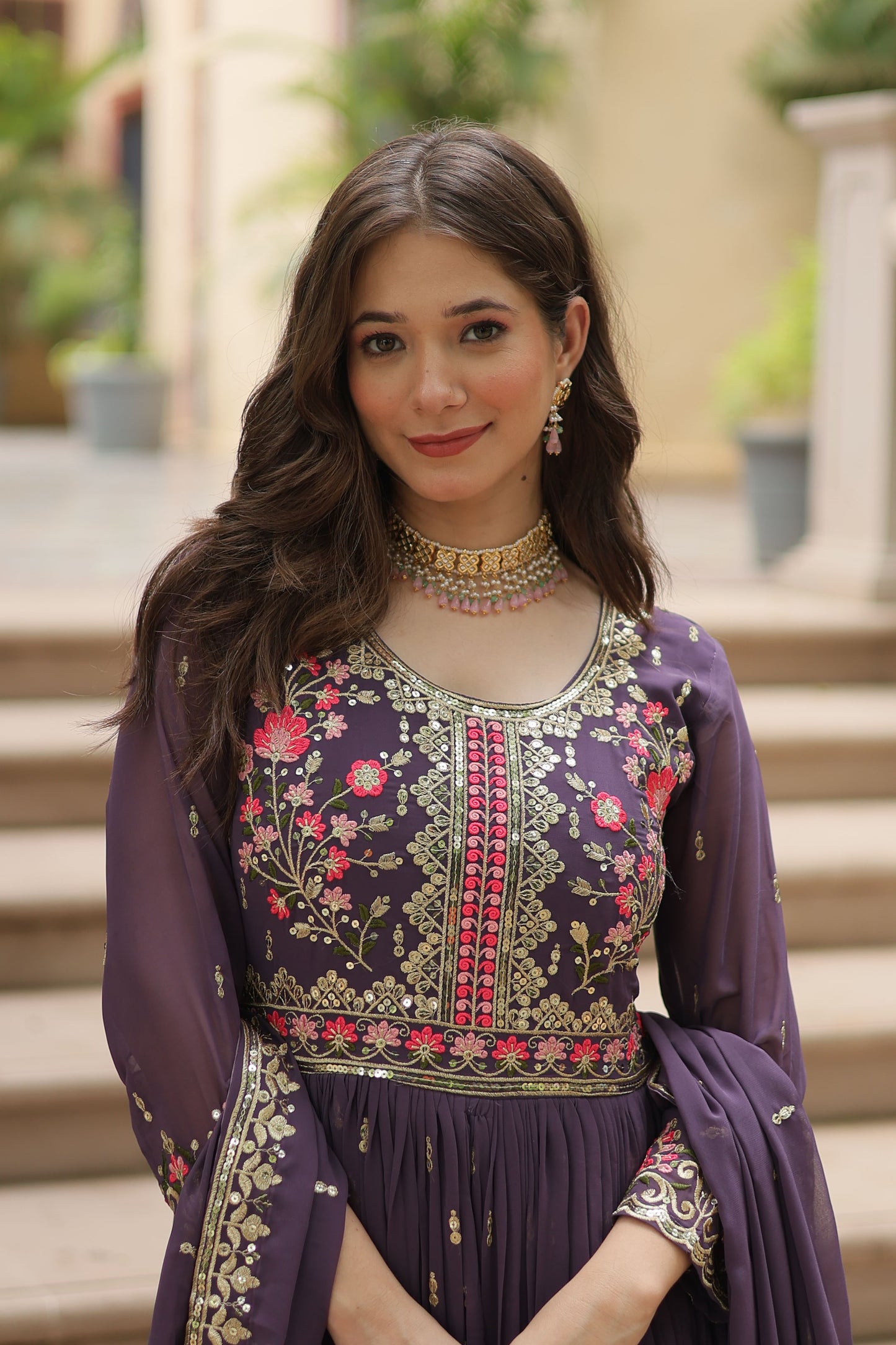 Naazleen Purple Faux Georgette Embroidered Suit Set