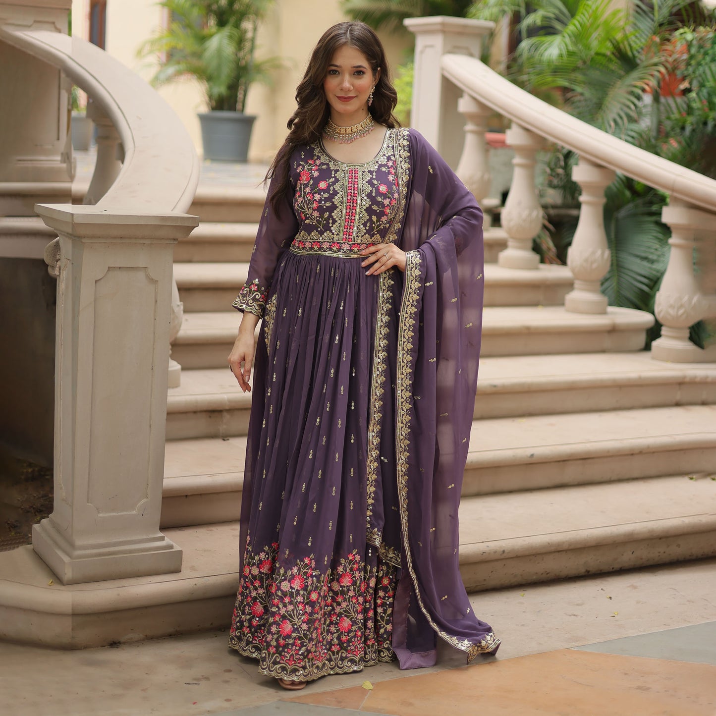 Naazleen Purple Faux Georgette Embroidered Suit Set