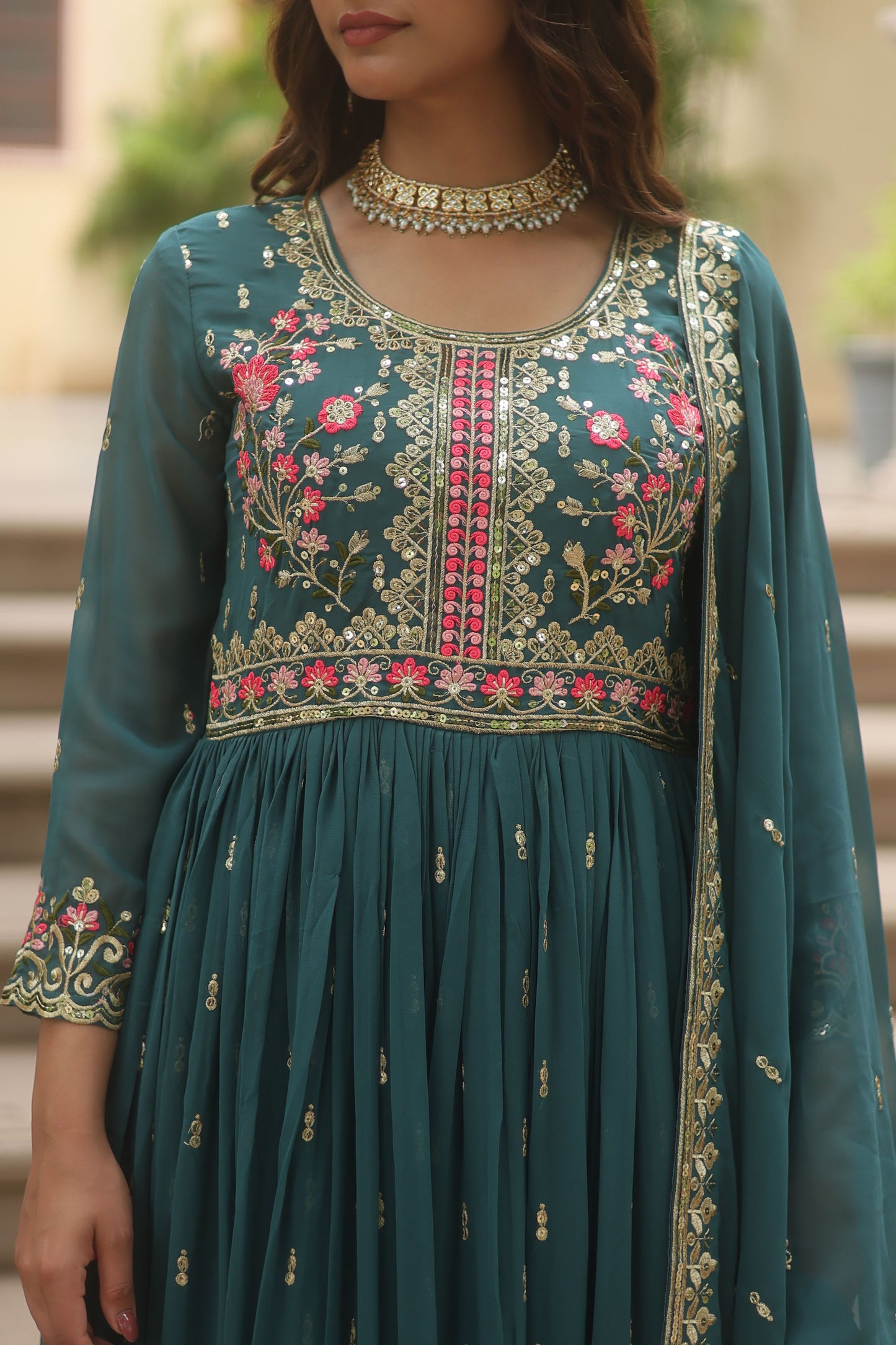 Neysaa Rama Teal Faux Georgette Embroidery Suit Set