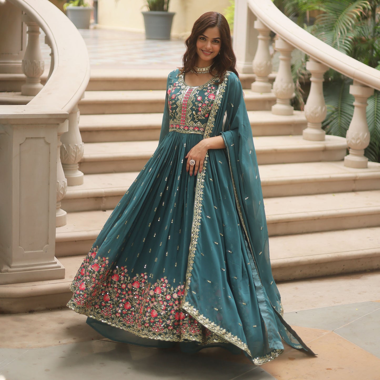 Neysaa Rama Teal Faux Georgette Embroidery Suit Set