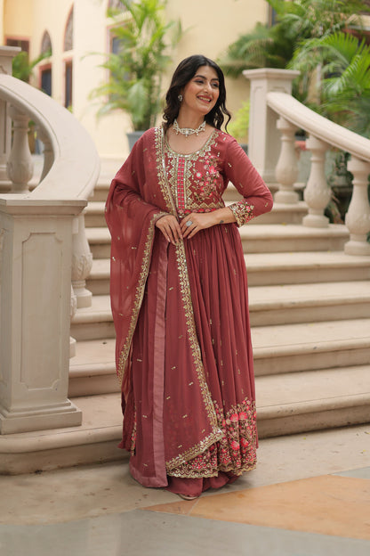 Ruhana Coffee Rose Faux Georgette Embroidered Suit Set
