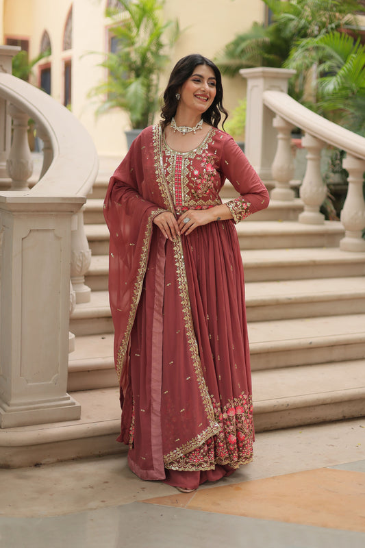 Ruhana Coffee Rose Faux Georgette Embroidered Suit Set