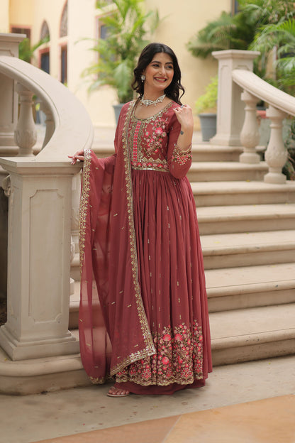 Ruhana Coffee Rose Faux Georgette Embroidered Suit Set
