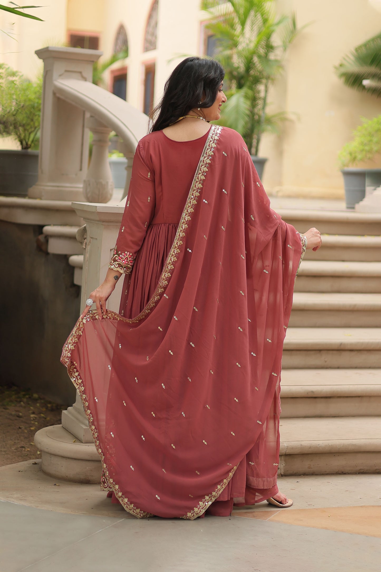 Ruhana Coffee Rose Faux Georgette Embroidered Suit Set