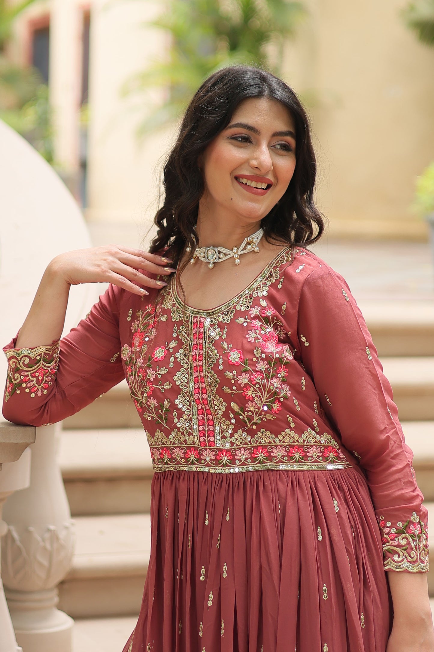 Ruhana Coffee Rose Faux Georgette Embroidered Suit Set