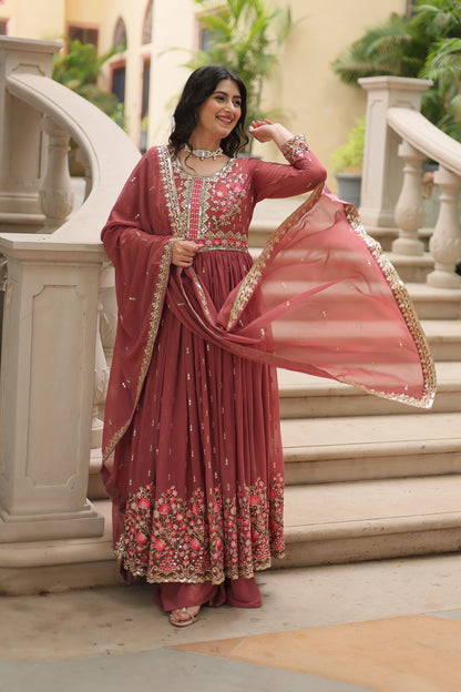 Ruhana Coffee Rose Faux Georgette Embroidered Suit Set