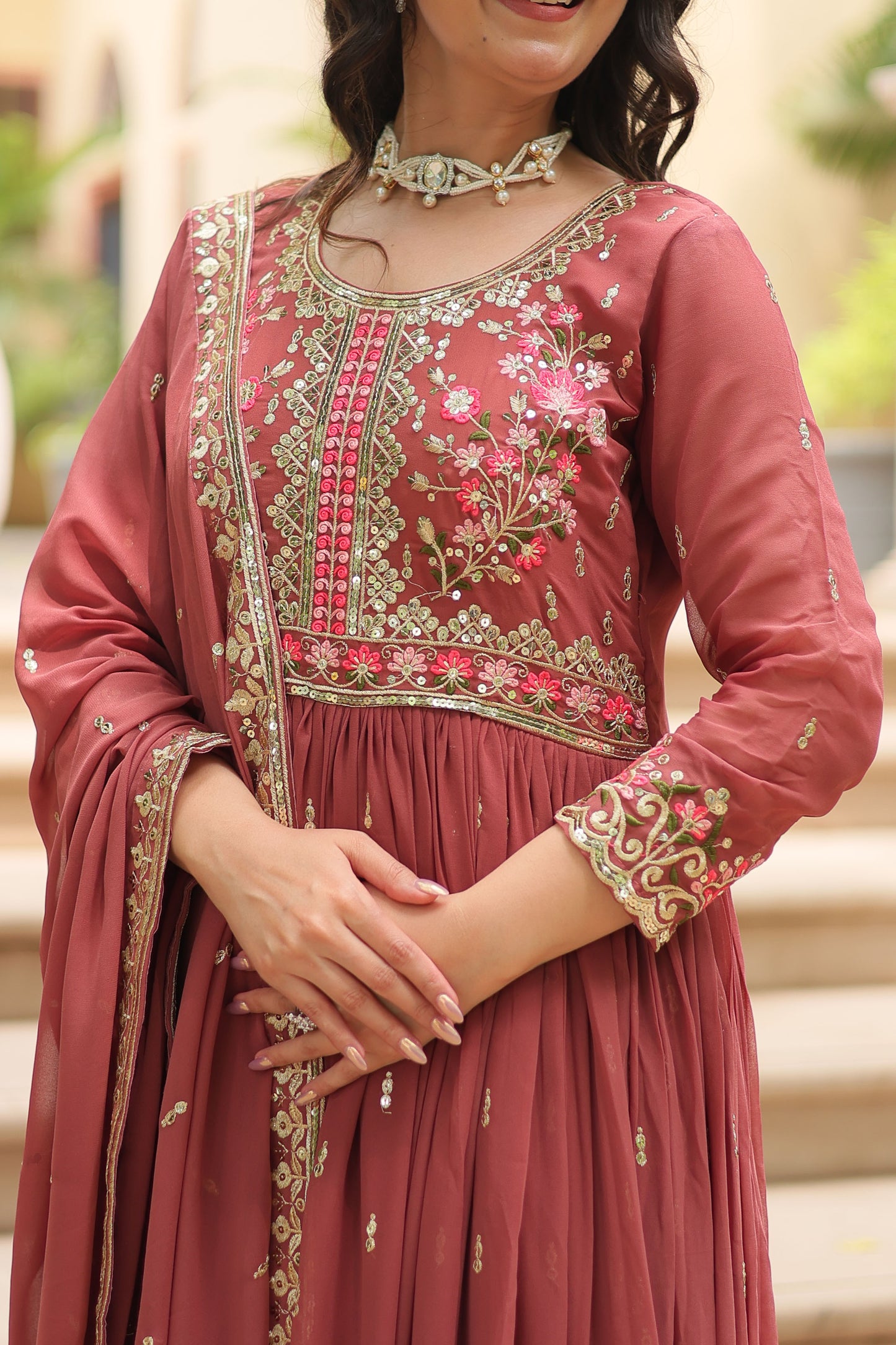 Ruhana Coffee Rose Faux Georgette Embroidered Suit Set