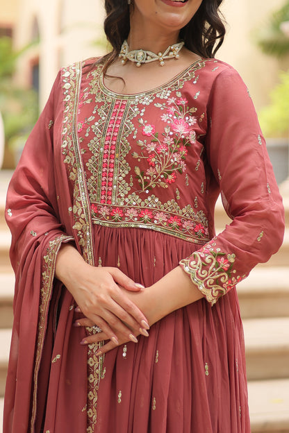 Ruhana Coffee Rose Faux Georgette Embroidered Suit Set