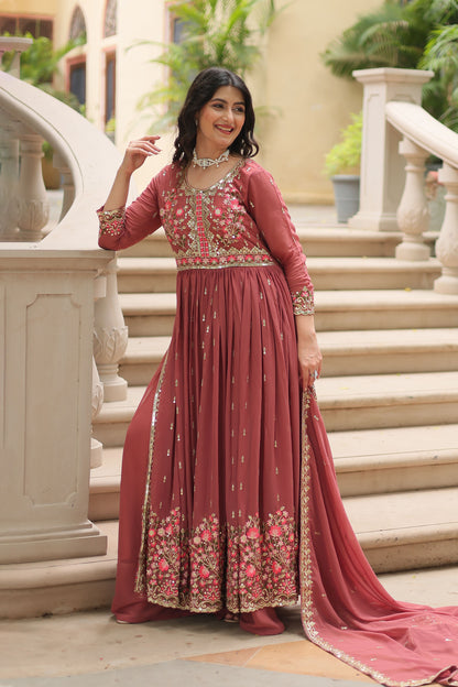 Ruhana Coffee Rose Faux Georgette Embroidered Suit Set