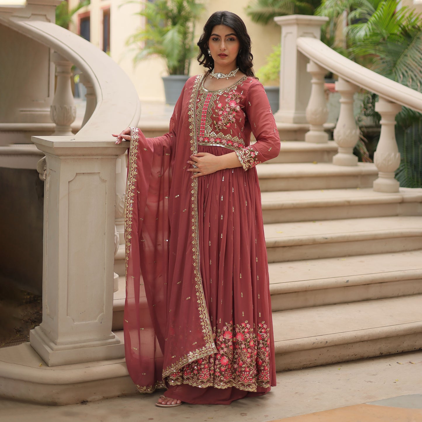 Ruhana Coffee Rose Faux Georgette Embroidered Suit Set