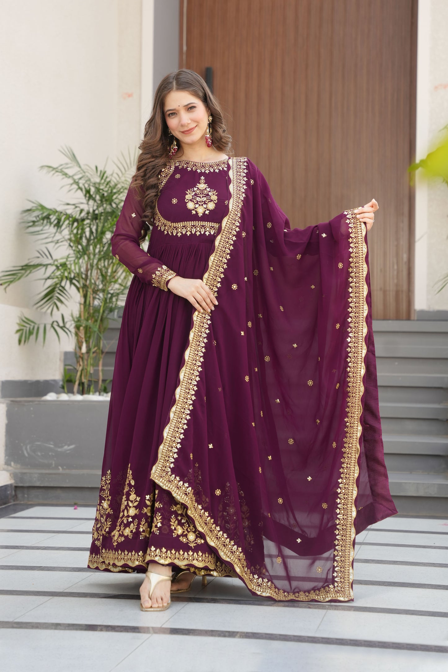 Regal Wine Intricate Gold Embroidery Gown with Dupatta
