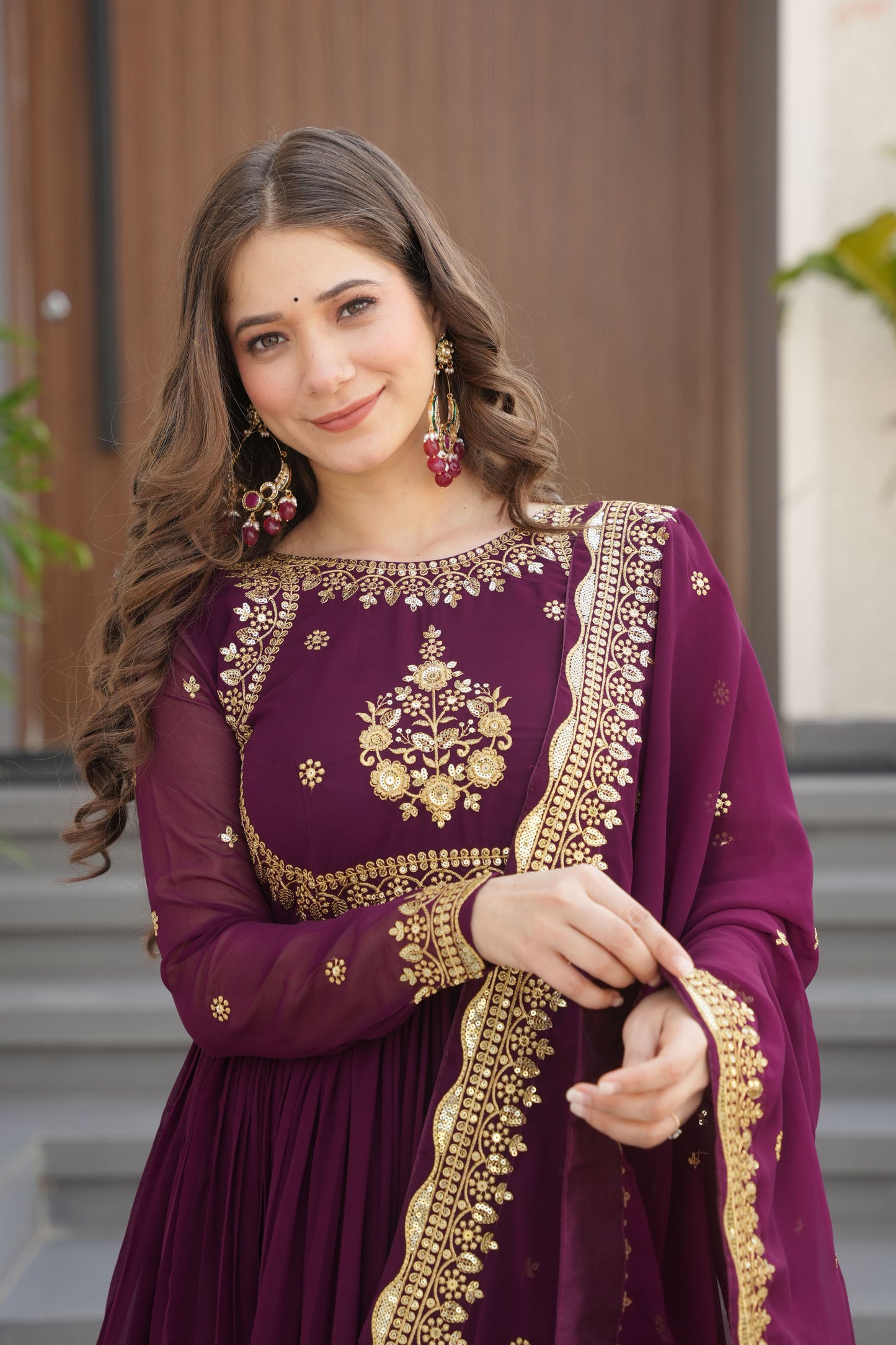 Regal Wine Intricate Gold Embroidery Gown with Dupatta