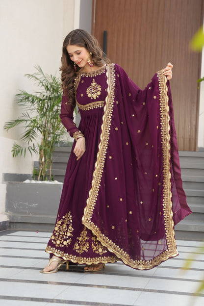 Regal Wine Intricate Gold Embroidery Gown with Dupatta