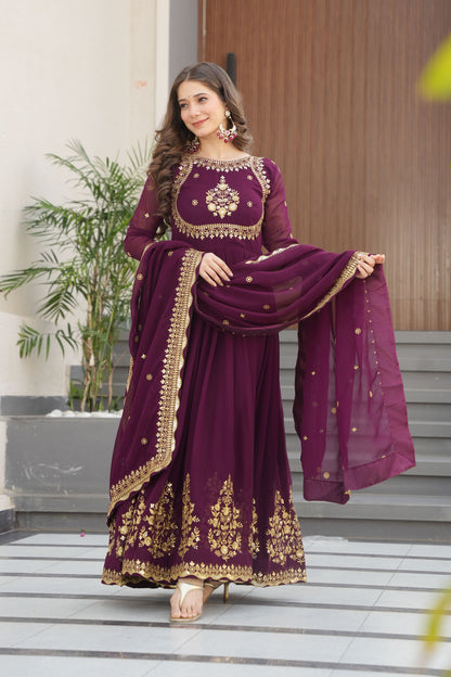 Regal Wine Intricate Gold Embroidery Gown with Dupatta