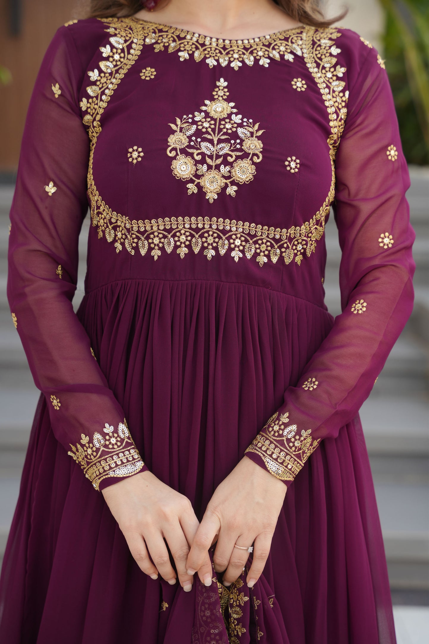 Regal Wine Intricate Gold Embroidery Gown with Dupatta
