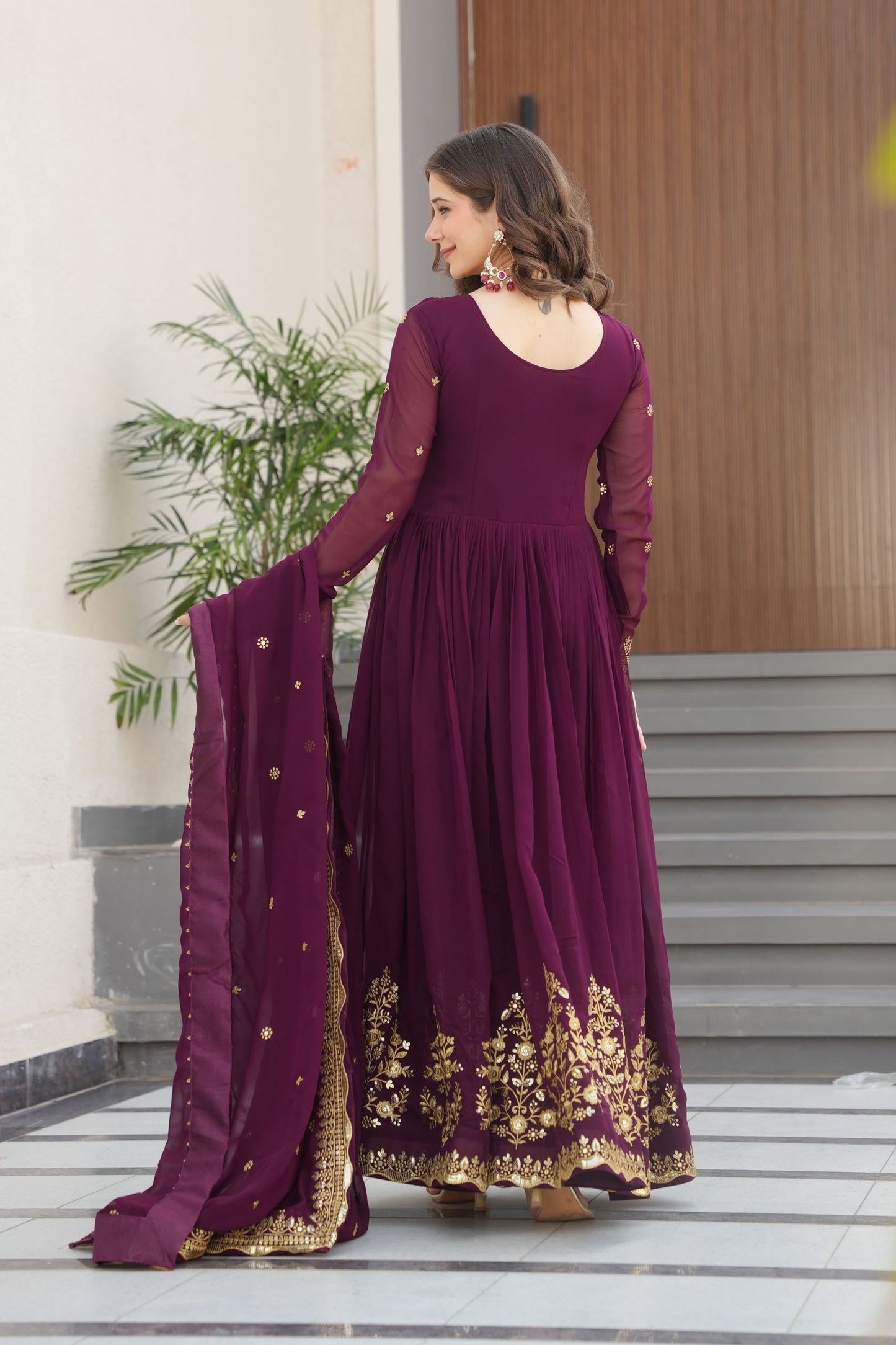 Regal Wine Intricate Gold Embroidery Gown with Dupatta