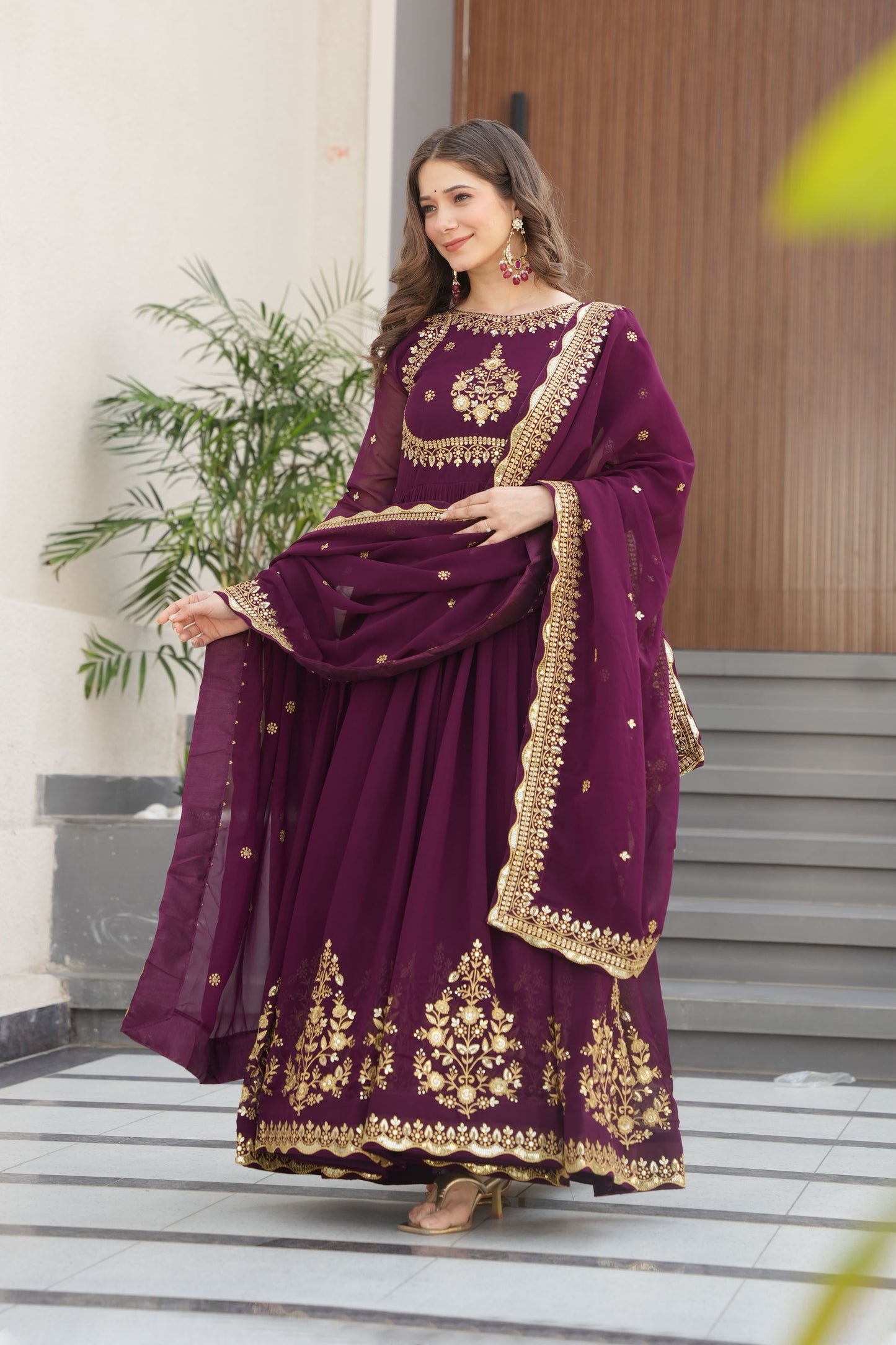 Regal Wine Intricate Gold Embroidery Gown with Dupatta