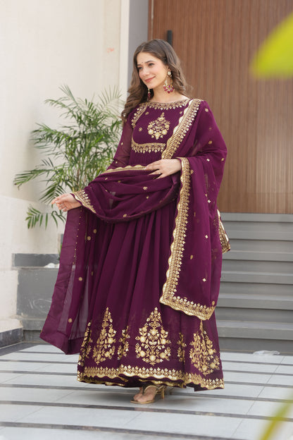 Regal Wine Intricate Gold Embroidery Gown with Dupatta