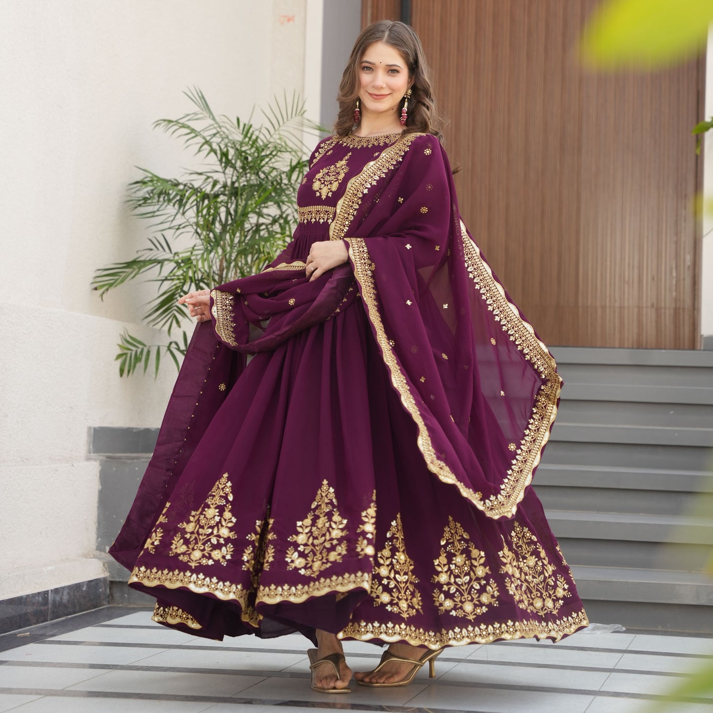 Regal Wine Intricate Gold Embroidery Gown with Dupatta