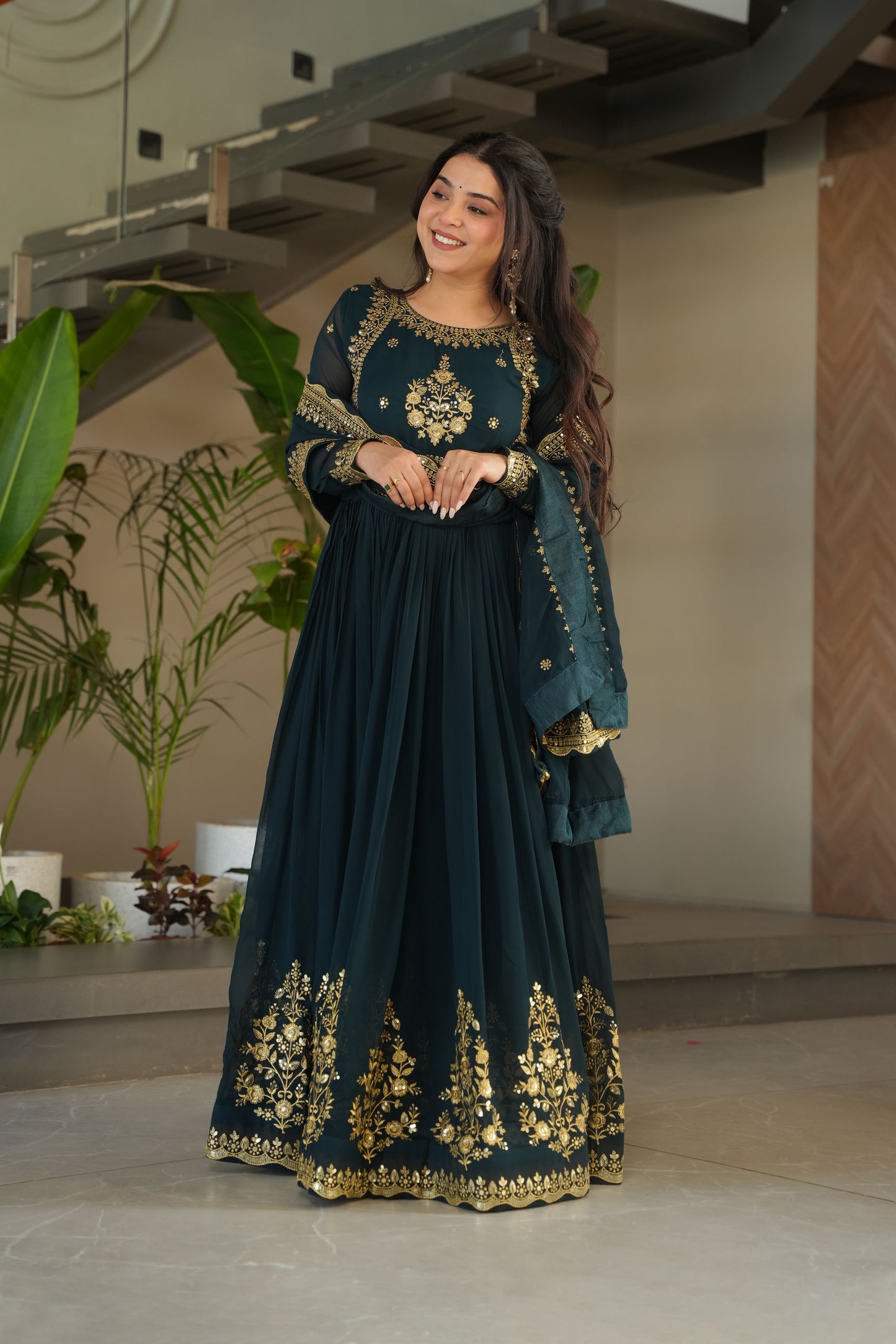 Regal Rama Green Gold Embroidery Gown with Dupatta