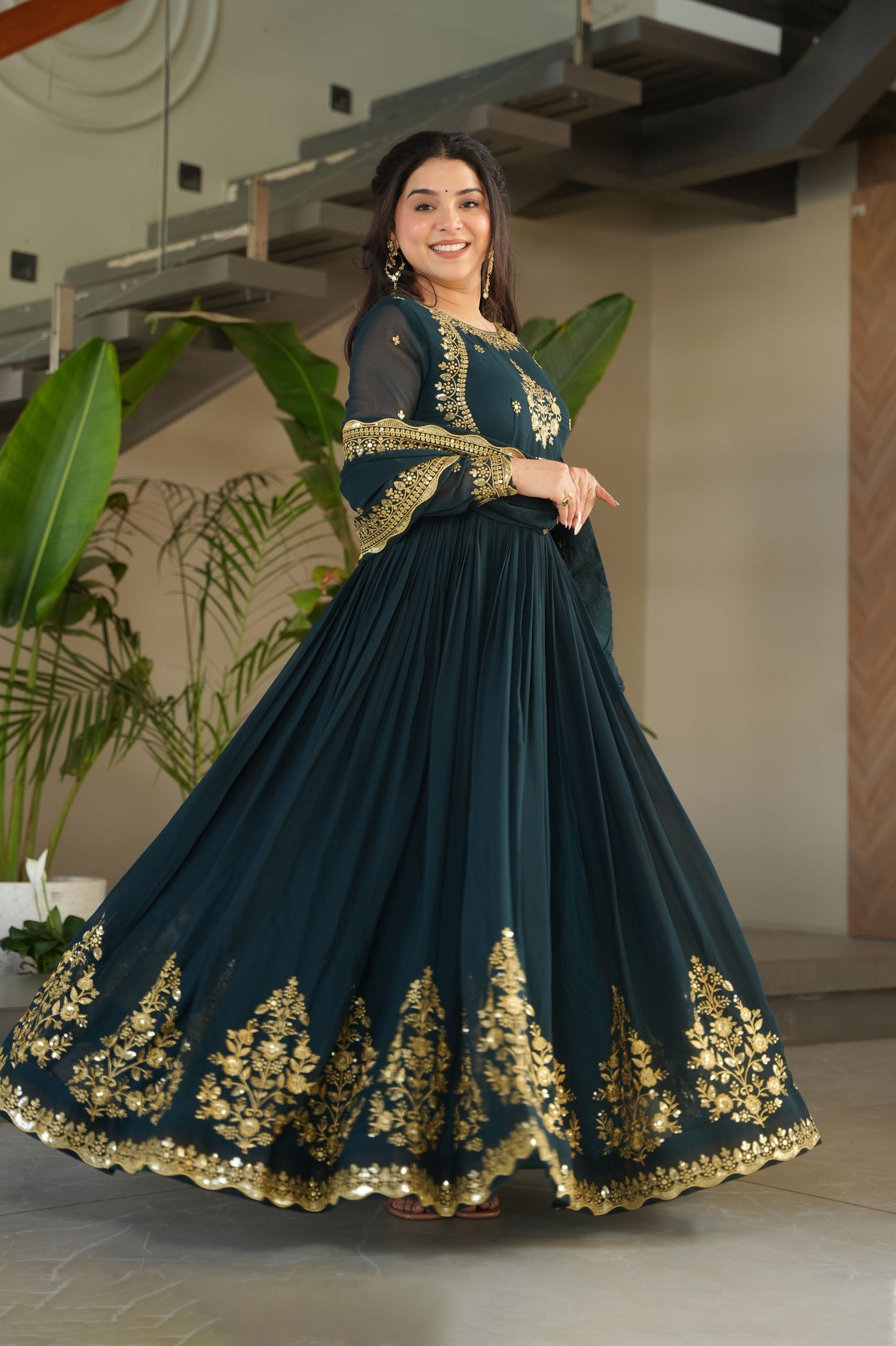 Regal Rama Green Gold Embroidery Gown with Dupatta
