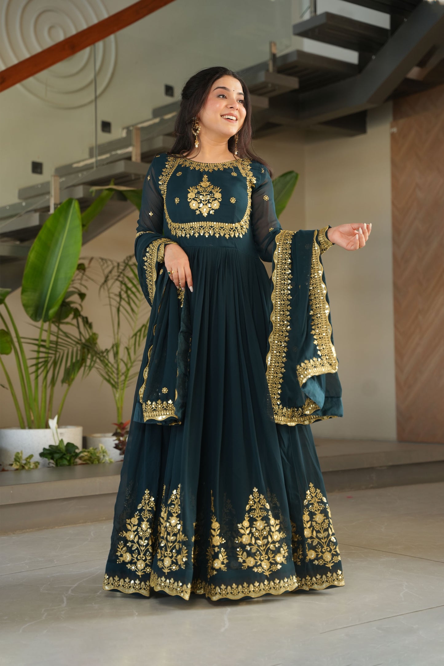 Regal Rama Green Gold Embroidery Gown with Dupatta
