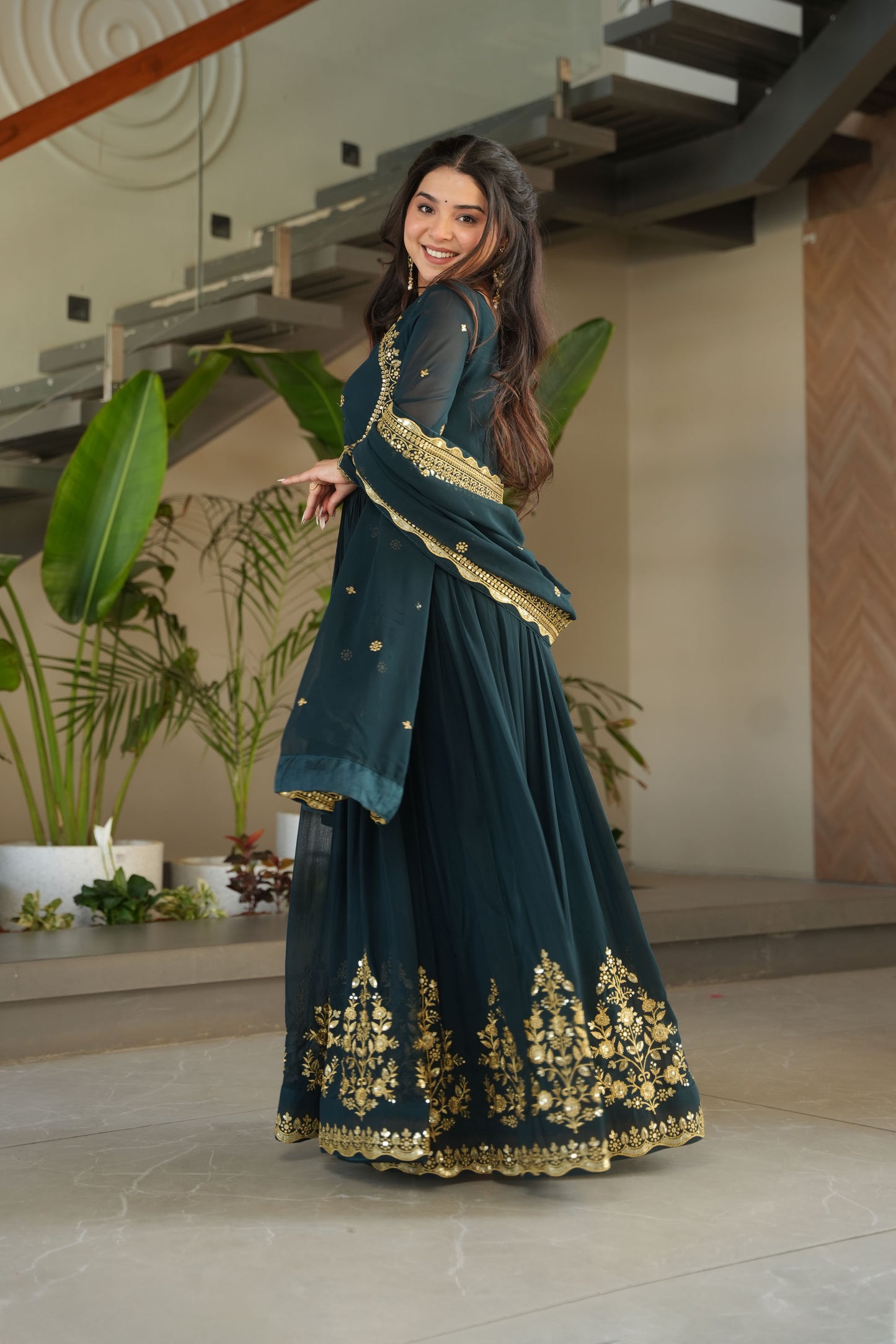 Regal Rama Green Gold Embroidery Gown with Dupatta