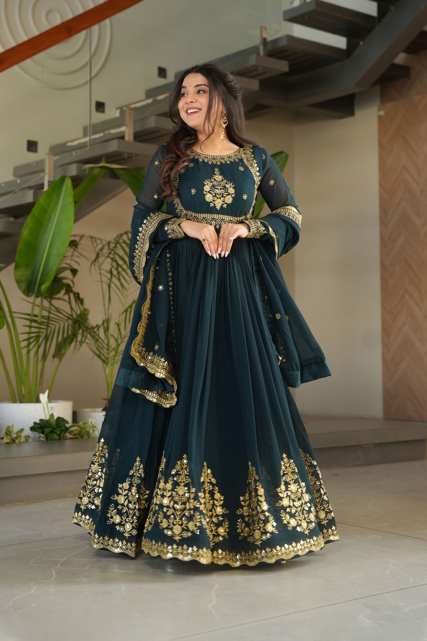 Regal Rama Green Gold Embroidery Gown with Dupatta