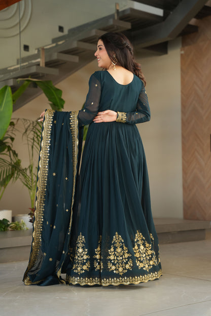 Regal Rama Green Gold Embroidery Gown with Dupatta