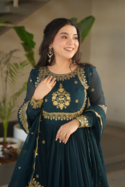 Regal Rama Green Gold Embroidery Gown with Dupatta