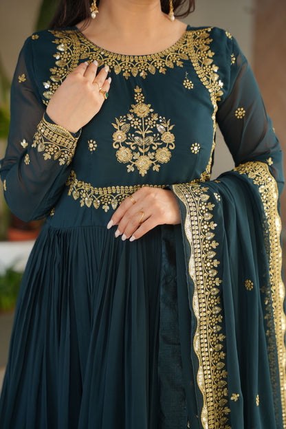 Regal Rama Green Gold Embroidery Gown with Dupatta