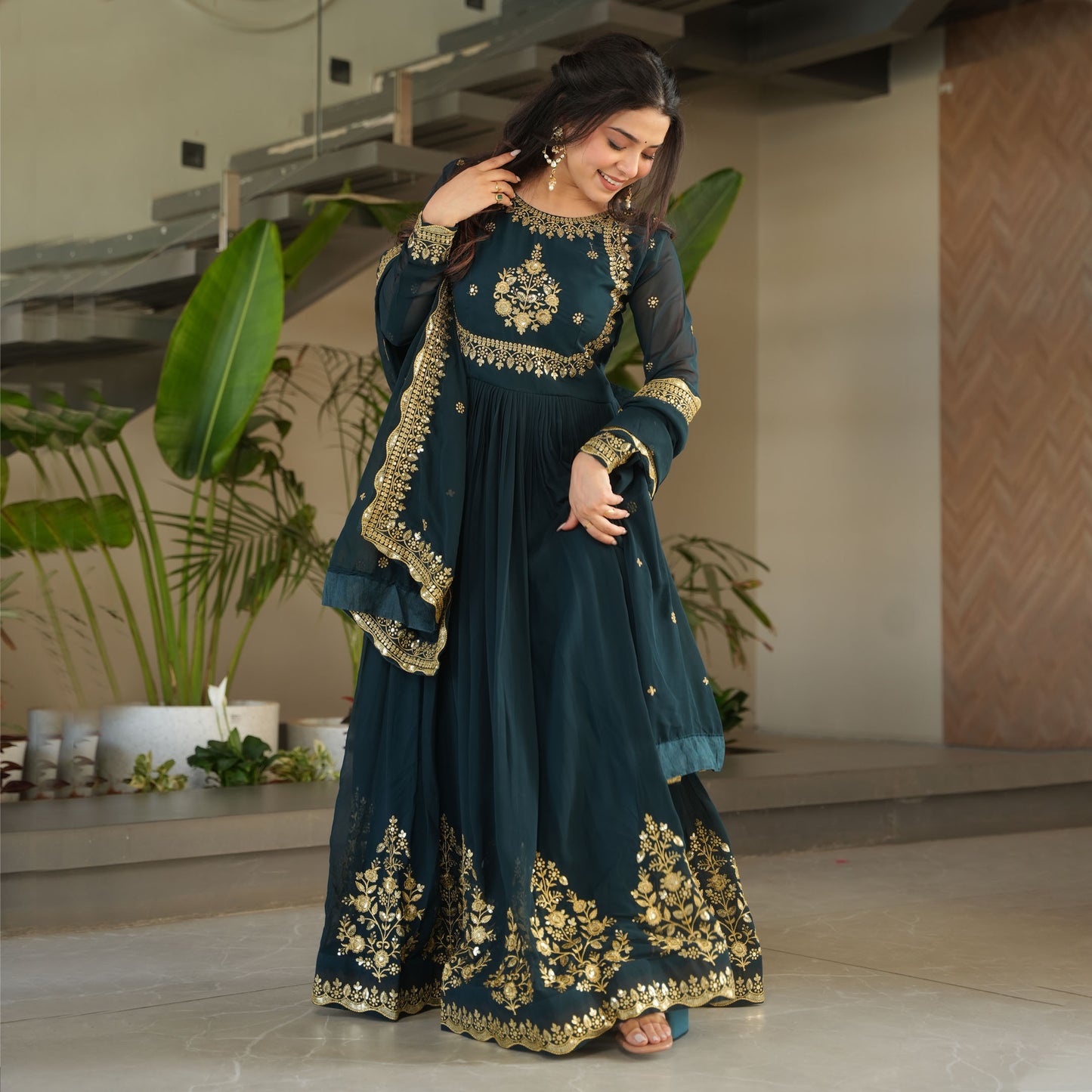 Regal Rama Green Gold Embroidery Gown with Dupatta