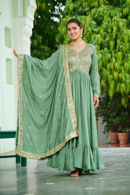 Elegant Pista Green Floral Embroidered Gown with Dupatta