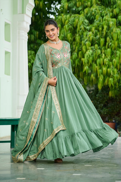 Elegant Pista Green Floral Embroidered Gown with Dupatta