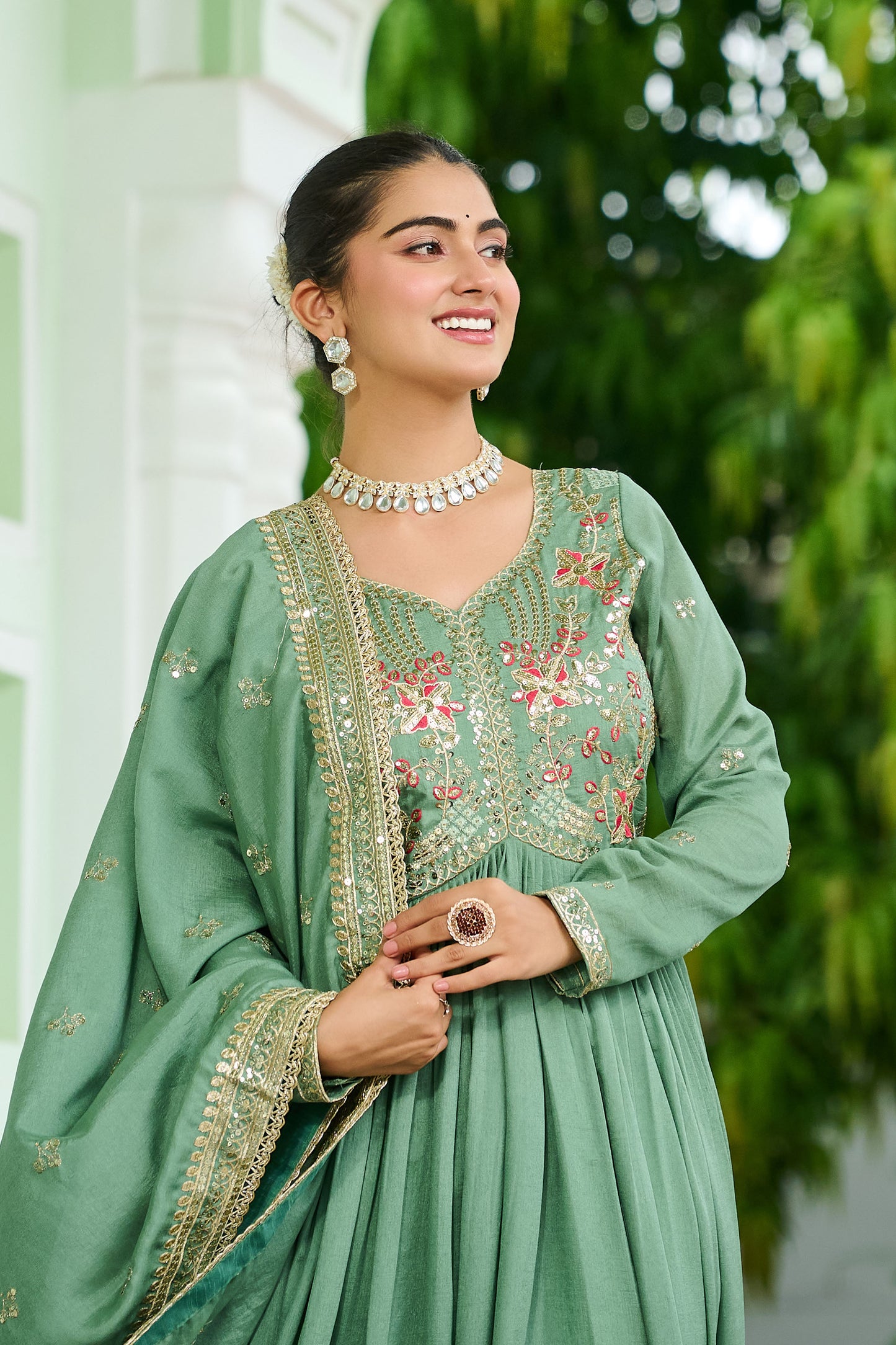Elegant Pista Green Floral Embroidered Gown with Dupatta