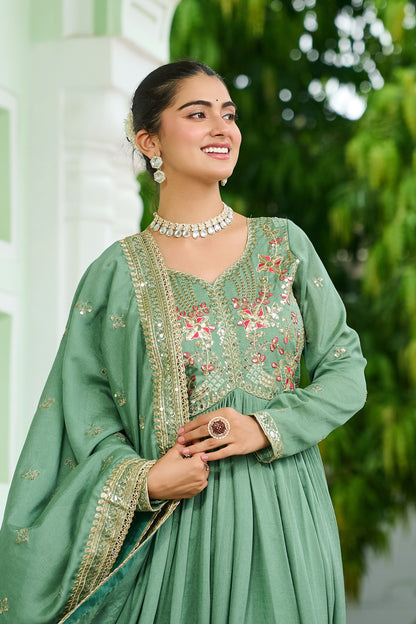 Elegant Pista Green Floral Embroidered Gown with Dupatta