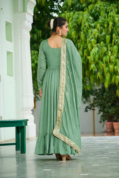 Elegant Pista Green Floral Embroidered Gown with Dupatta