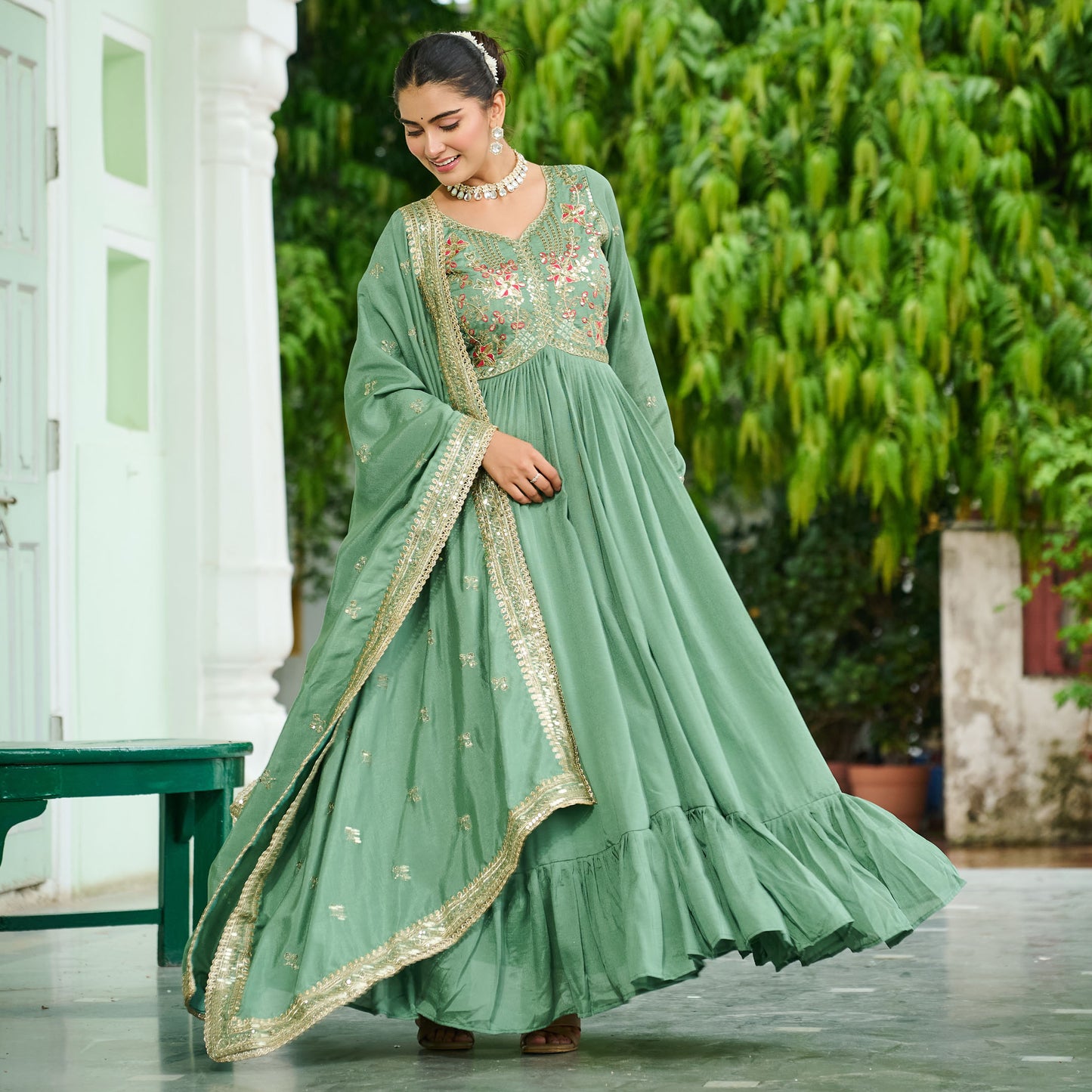 Elegant Pista Green Floral Embroidered Gown with Dupatta