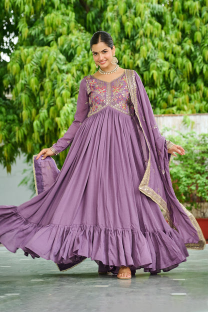 Regal Onion Mauve Floral Embroidered Gown with Dupatta