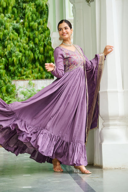 Regal Onion Mauve Floral Embroidered Gown with Dupatta