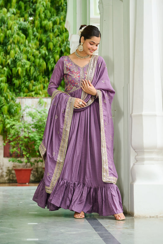 Regal Onion Mauve Floral Embroidered Gown with Dupatta