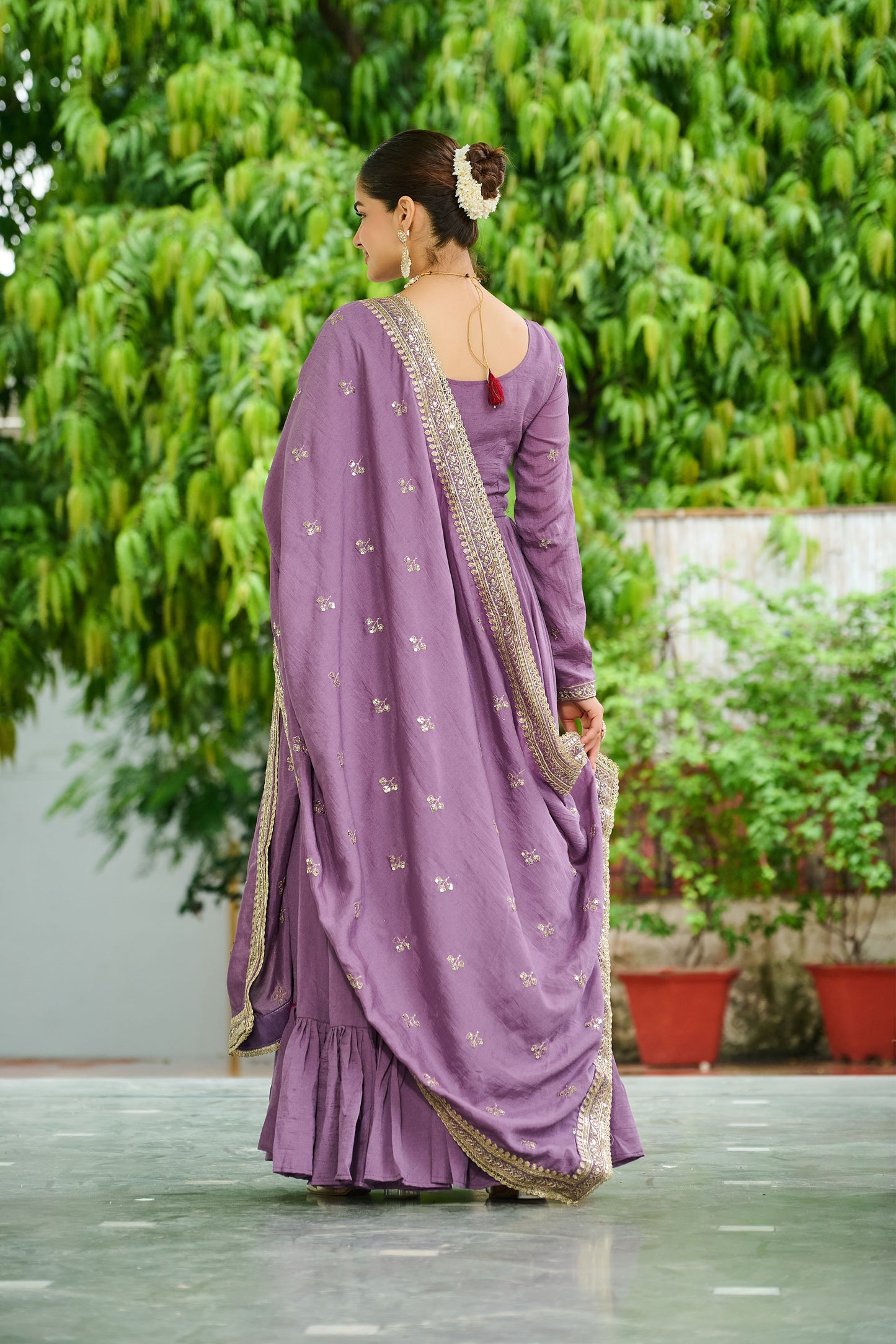 Regal Onion Mauve Floral Embroidered Gown with Dupatta