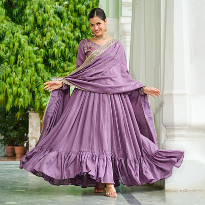Regal Onion Mauve Floral Embroidered Gown with Dupatta