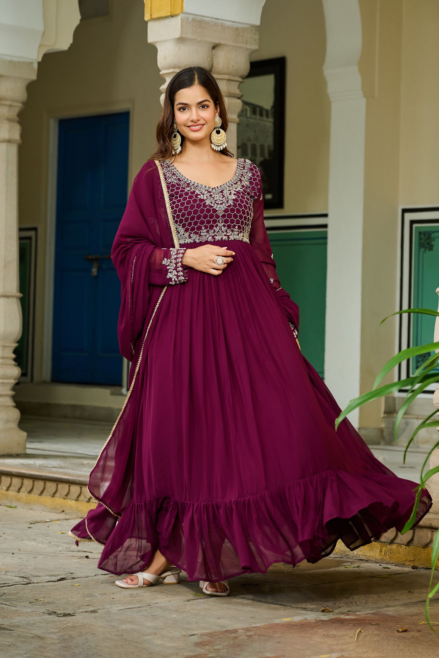 Royal Wine Embroidered Bodice Gown with Dupatta