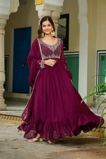 Royal Wine Embroidered Bodice Gown with Dupatta