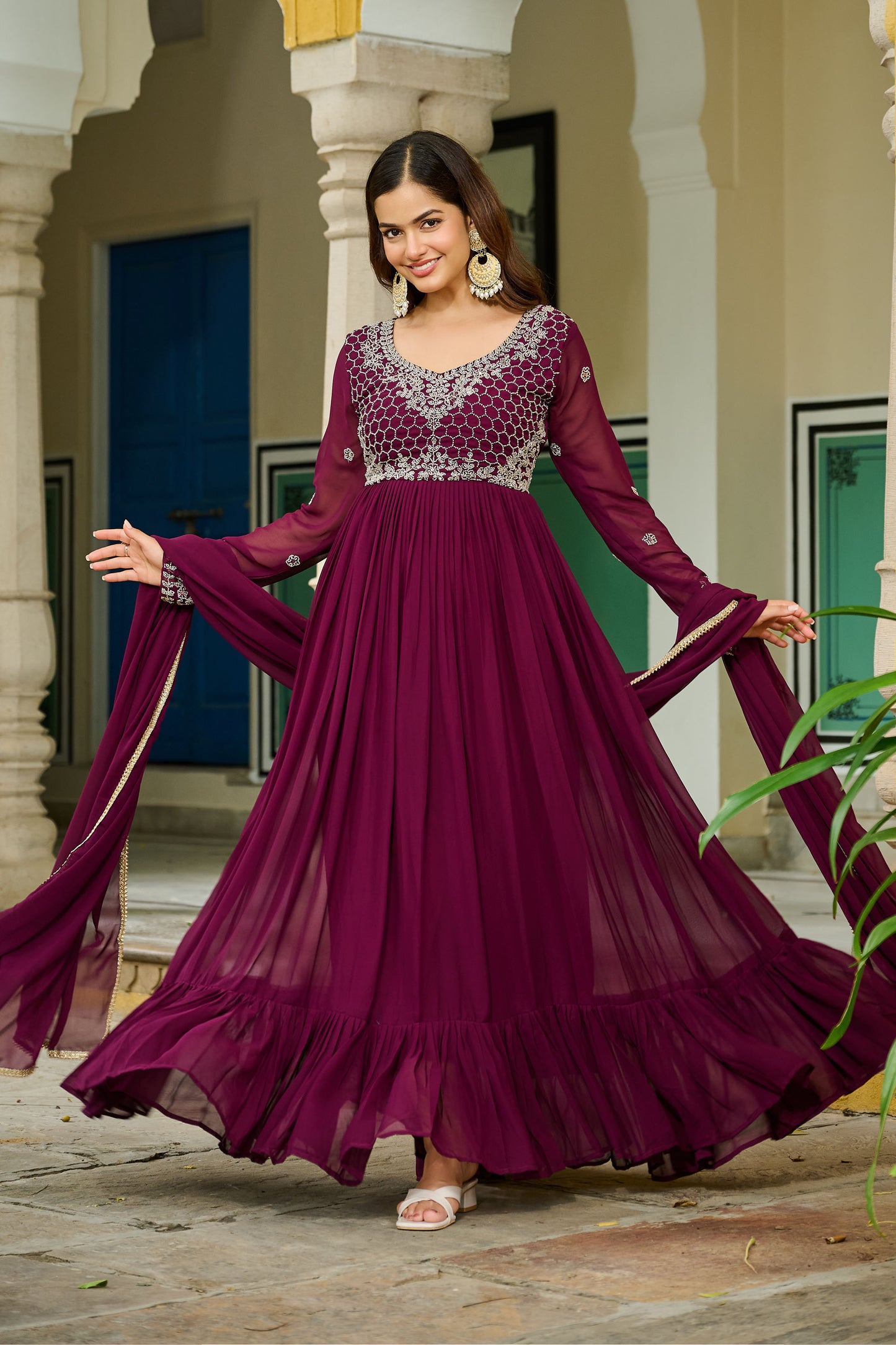 Royal Wine Embroidered Bodice Gown with Dupatta